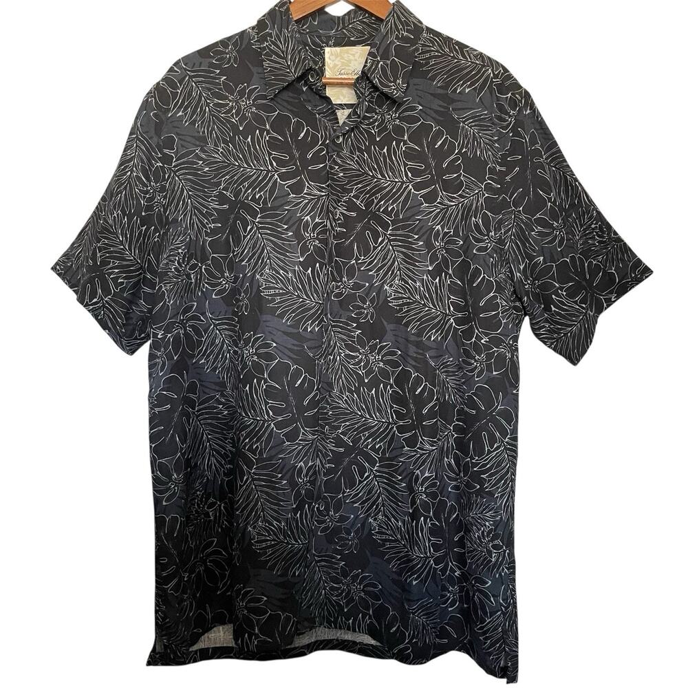Tasso Elba Silk Linen Button Down Shirt Size L‎ Black Gray Short Sleeve Tropical
